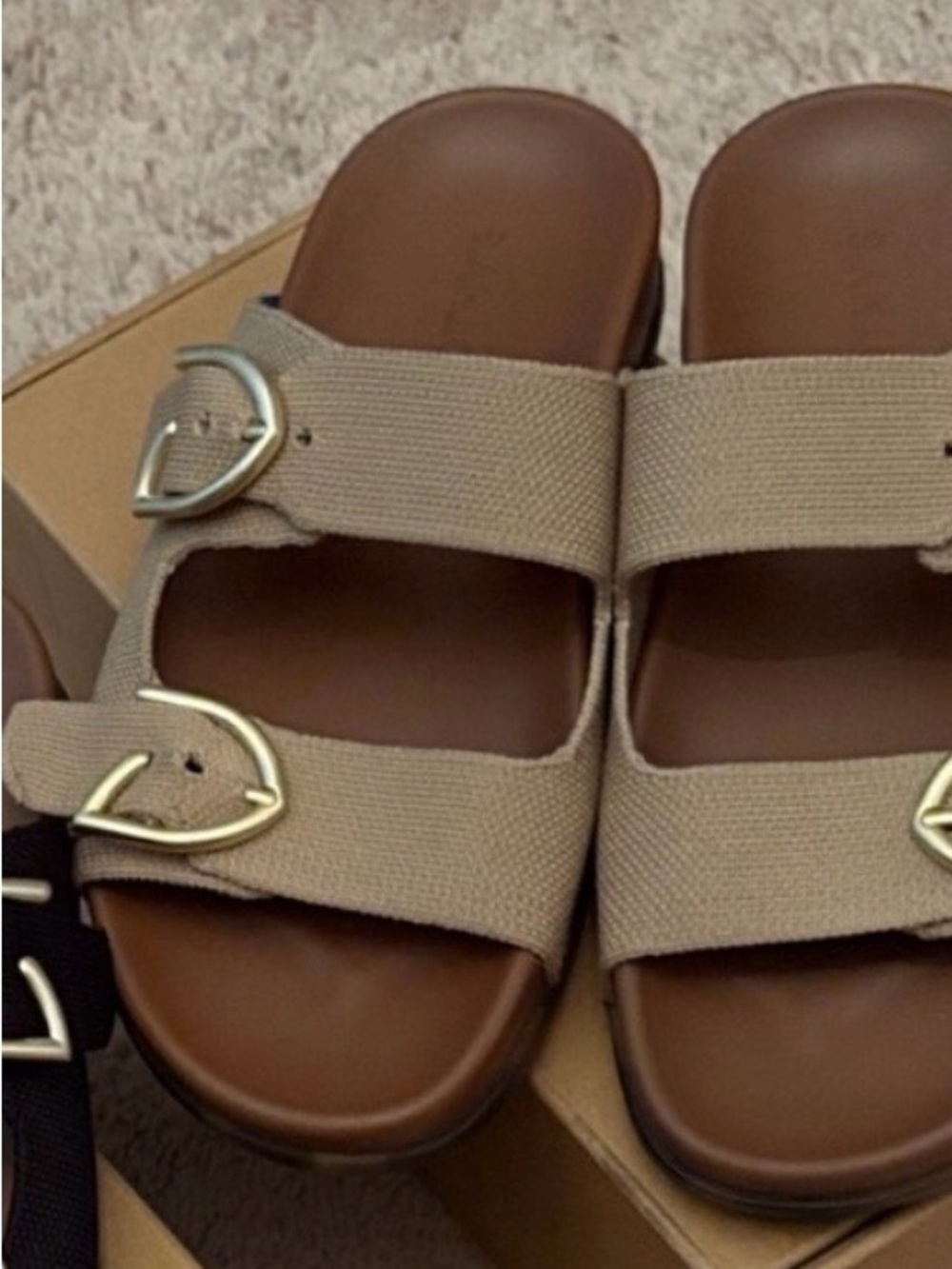 Rothy's Tan and Brown Double-Buckle Slide Sandals